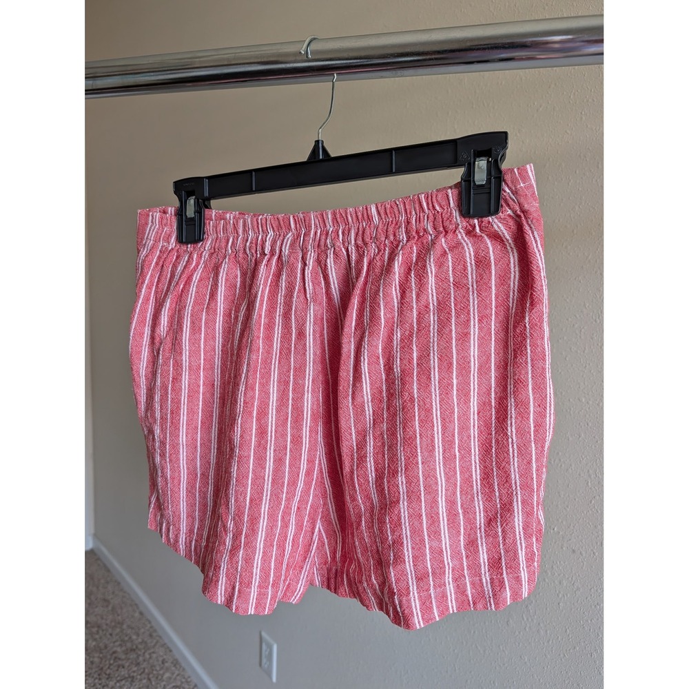 Womens Red White Striped High Waisted Button Front Linen Blend Shorts Pockets